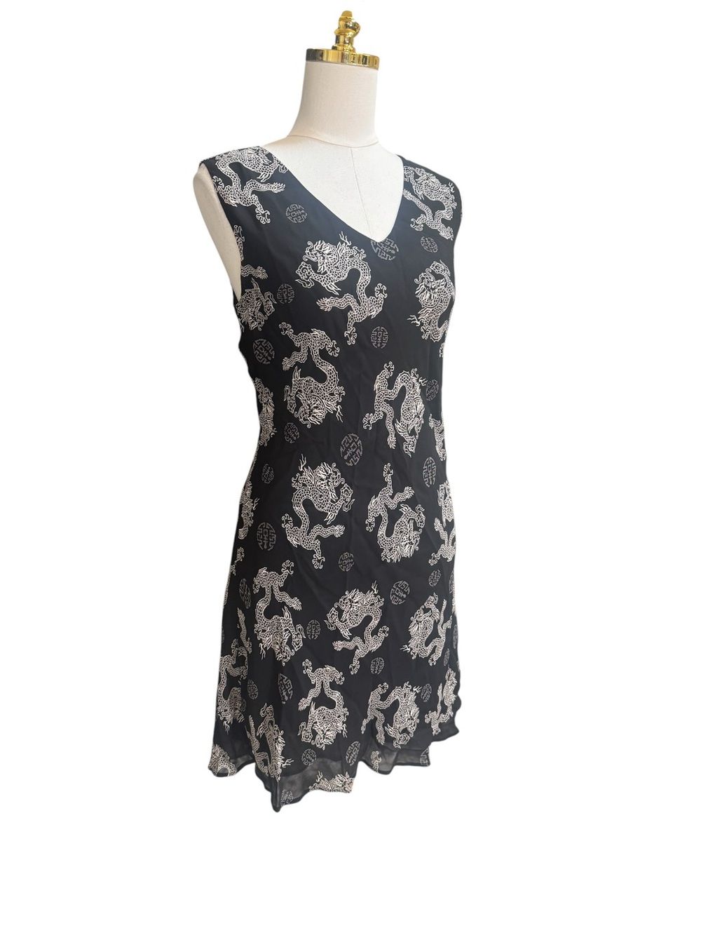 Lily Black Dragon Print Sleeveless Shift Dress V-Neck Sheer Overlay Size P/L View 6